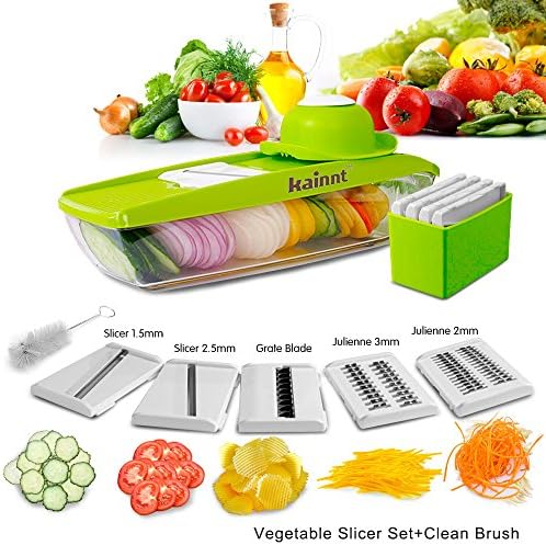 Mandoline Slicer Kainnt Adjustable Mandoline with 5 Thickness Settings Interchangeable Stainless Steel Blades -Vegetable Peeler Slicer+One White Clean Brush, 5 Blades, Food Container, Safety Food Holder, All-in-One Vegetable Cutter& Julienne Slicer