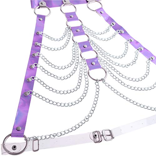 Women Festival Punk Waist Belt Body Chain Faux Leather Harness EDM Rave Clothes Choker Chain Holographic Caged Bra Belt