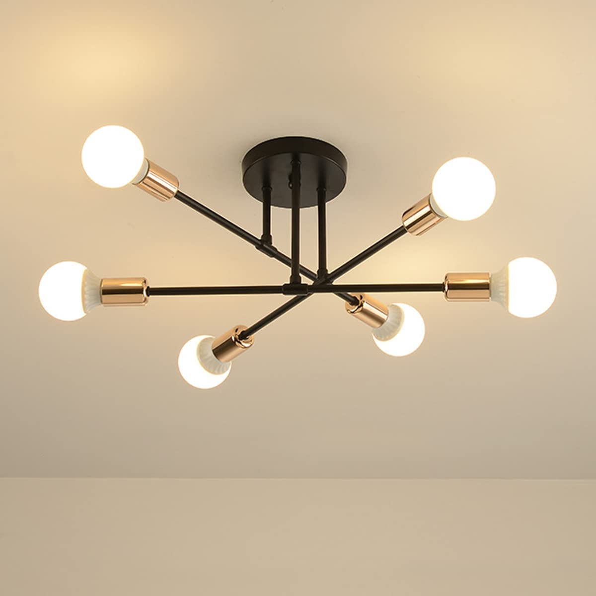 Modern Ceiling Light Fixtures,Adjustable 6-Light Sputnik E27 Chandelier,Semi-Flush Mount Pendant Lighting Fixtures Plating Finish for Bedroom,Dining Room,Kitchen,Office (Black_Gold, 6 Head)