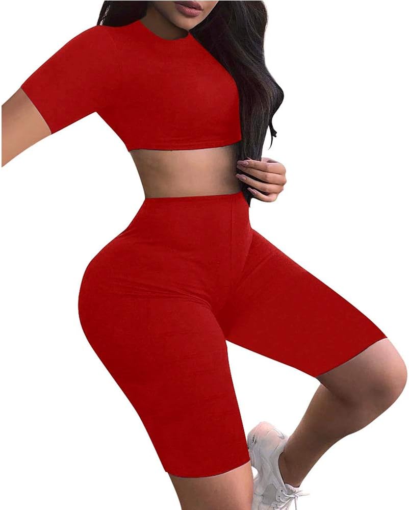 BEAGIMEG Women's Sexy 2 Piece Outfit Crop Top Bodycon High Waist Shorts