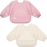 BebeBiu Long Sleeve Baby Bib, Waterproof Fabric, Full Coverage with Catch-All Pocket, 6-24 Months, 2-Pack
