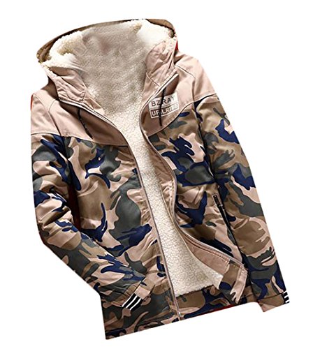 xtsrkbg Men's Winter Warm Thicken Camouflage Wool Lamb Lined Hoodie Jacket Khaki L
