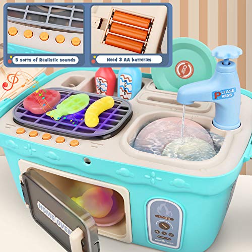 Dreamon Spielküche Spielzeug Kinderküche Zubehör Kochset Kinder Picknickkorb mit Musik Licht, Kinder (Grün) – Bild 2