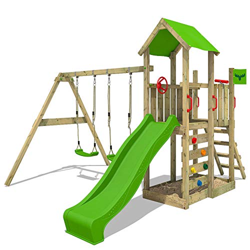 FATMOOSE Spielturm Klettergerüst MagicMango Move mit Schaukel & apfelgrüner Rutsche, Outdoor Kinder Kletterturm mit…