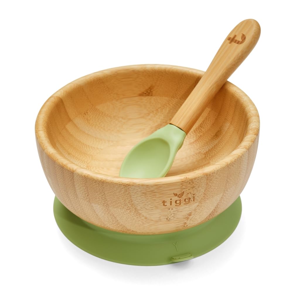 Tiggi Bamboo Baby Bowl from Suction Base Baby Weaning Bowl (Soft Green)