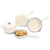 Enameled Cast Iron Cookware Set, 5-Piece Ceramic Coated Pots & Pans with Dutch Oven and Lid, PFAS/PTFE/PFOA-Free, Induction Gas Oven Safe, Cream White Cookware Set