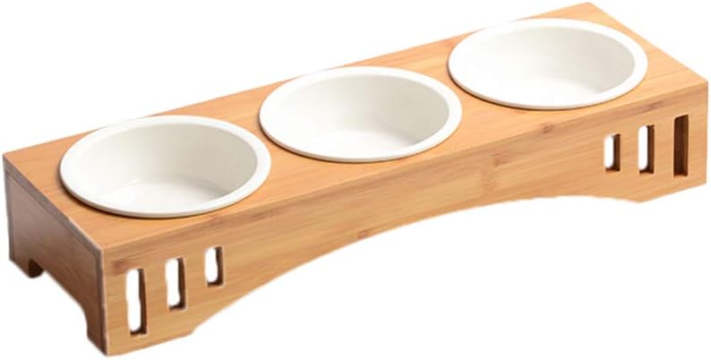 POPETPOP Solid Wood Pet Dining Table Bowl Pet Wooden Tilted Feeders Dog cat Anti-slip Three Bowl Cat Dish with Slope Stand(Heighten,Three Bowls)