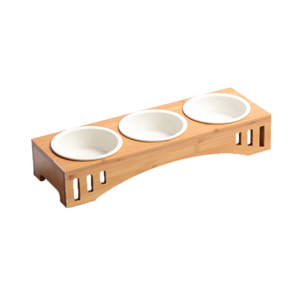 POPETPOP Solid Wood Pet Dining Table Bowl Pet Wooden Tilted Feeders Dog cat Anti-slip Three Bowl Cat Dish with Slope Stand(Heighten,Three Bowls)
