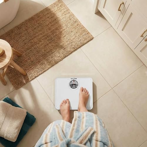 Salter Mechanical Bathroom Scale – Analogue Body Weighing Scale, Classic Fitness Scale, 133kg Capacity, Easy Read Display with Magnifying Lens, Non-Slip Mat, No Batteries Required, White