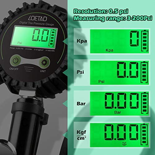 LOETAD Digital Tire Inflator with Pressure Gauge 200PSI Tire Pressure Gauge Inflator Deflator Compressor Accessories with 90° Valve Extender 360° Rubber Hose LCD - Thumbnail 4