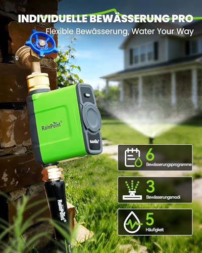 RAINPOINT Irrigation Computer WLAN with Brass Inlet and Outlet, Smart Irrigation Control, APP/Voice Control, Weather Based, Automatic Watering for Garden Lawn, 6 Schedules