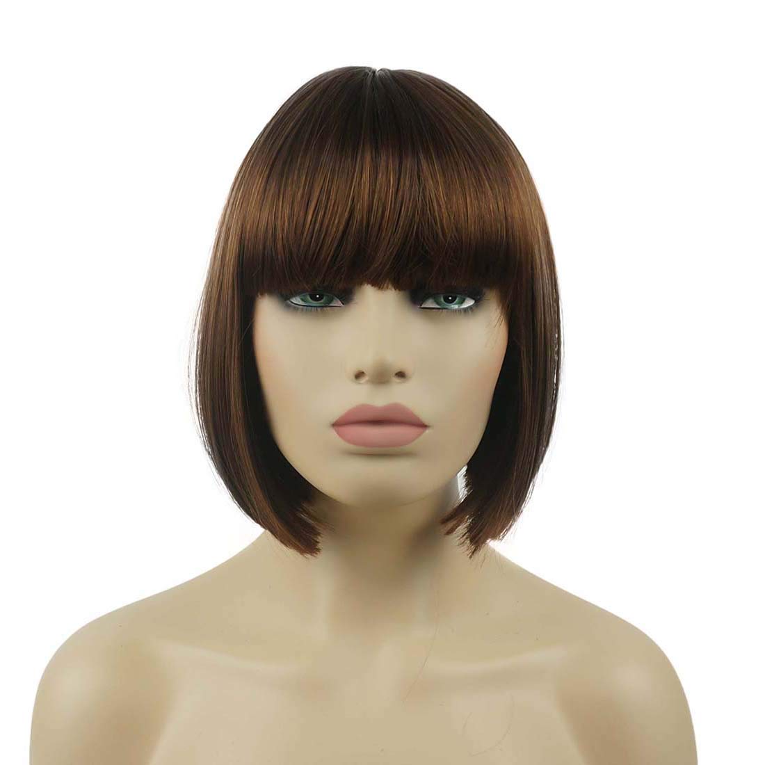 Lydell 8" Straight Short Bob Hair Flat Bangs Cute Central Dot Skin Top Heat Resistant Synthetic Wigs Medium Auburn