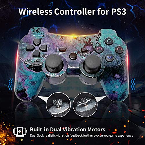 ISHAKO Double Shock PS3 Controller Wireless 2 Pack Bluetooth 6-Axis Gamepad Remote for Playstation 3 with Charge Cable (Purple Cloud + Bronze)