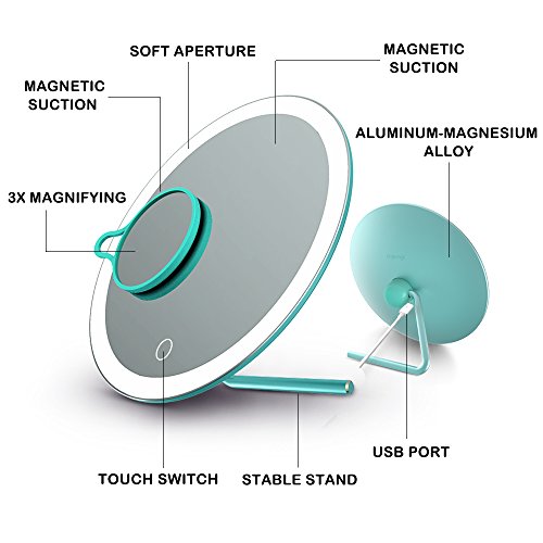 BIGWINNER USB Charge LED Makeup Mirror, Portable Travel Vanity Mirror with Natural LED Light Dimmable and Removable Cosmetic Mirror for Bedroom/Travel (Blue) - Thumbnail 5