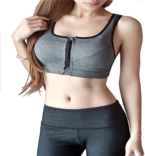 FROZEN TIME Women High Impact Support Sports Bras Zip Front For Yoga Workout Gym Activewear Sport Bras Top (L, Gray)