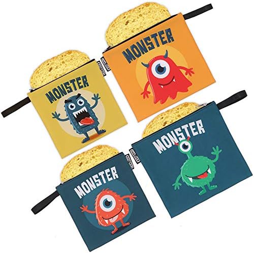 CHAUDER Reusable Snack & Sandwich Bags - Set of 4 – Eco Friendly, FDA Certified, Dishwasher Safe, Easy to Clean & Quick Drying - Smooth Open Zipper - For Kids To School (Monsters 02)