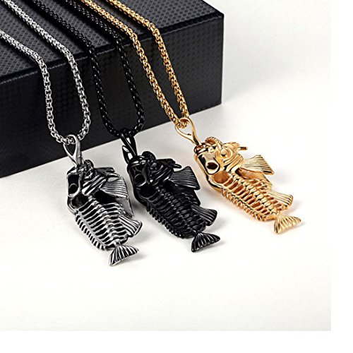 Long Sweater Chain Pendant Necklace Cuekondy Fish Bone & Fishing Hook Skeleton Stainless Steel Charm Statement Jewelry for Men Women Girls (Black)