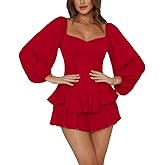 LYANER Women's Jumpsuit Lantern Long Sleeve Ruffle Layer Tie Mini Short Romper