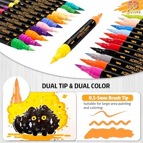 Art+soul 48 Colors Acrylic Pens, 24 Pack Dual Tip Acrylic Markers for Rock Painting, Wood, Stone, Canvas, Ceramic, Glass Surfaces, DIY Crafting & Art Supplies