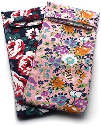 2 PACK Soft Cloth Slip In Lady Floral Eyeglass or Small Sunglasses Storage Pouch 6 (Dark Blue &amp; Pink)