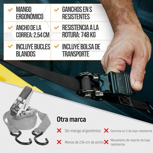 Set de Correas de Amarre con Tensor de Trinquete, Resistencia 249 kg de Carga, 748 kg al Rompimiento, 4 Ganchos de Acero Plastificado, 4 Correas de 4.5m, 4 Hebillas (Negro)
