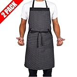 KINGO HOME 2 Pack Adjustable Extra Long Ties Chef Cooking Apron with Pockets Kitchen Bib Apron, Black/White Pinstripe (32 x 27 Inches)