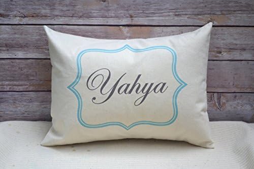 Personalized Children's Pillow, Baby Pillow, Newborn Pillow with Blue frame Cream fabric Grey writing