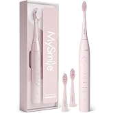 MySmile DY156 Electric Toothbrush for Adults, Rechargeable Sonic Battery Toothbrush Portable with 3 Brush Heads, 2 Mins 5 Modes Smart Timer, 45000VPM, One Charge for 60 Days - Pink