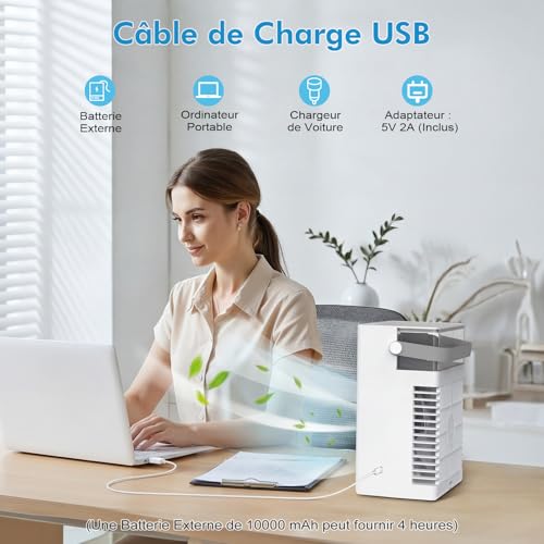 3-in-1 Mini Portable Air Conditioner, 1L Water Tank, 4 Adjustable Speeds 3 Timers, Built-in RGB Light, Silent Mobile Air Conditioner with Remote Control for Home, Office