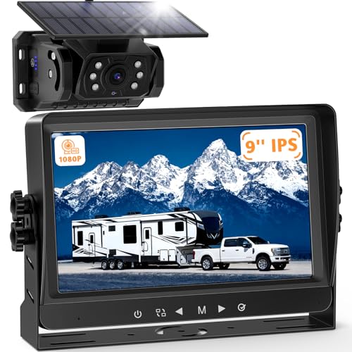 VASTEND Camera de Recul sans Fil Solar avec Moniteur 9" 1080P, 10000mAh Magnétique Rechargeable Batterie, Installation Rapide, Nocturne Nocturne, pour Camions, Camping Car, Caravane(VS-9A)
