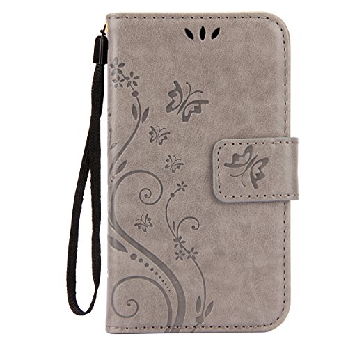 IKASEFU Pure Color Retro Butterfly Design Folio Leather Wallet Case Cover with Strap for Samsung Galaxy S3 Mini-Butterfly,Gray
