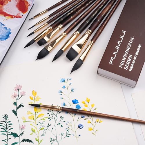 Watercolor Brushes Professional, Fuumuui 10Pcs Synthetic Squirrel Hair Water Color Paint Brush Set for Artists - Flat, Round Pointed, Dagger, Cats Tongue Oval Wash for Watercolor Gouache Inks Painting
