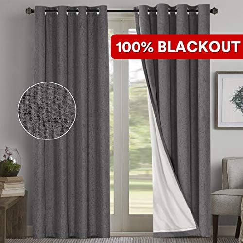 PrimeBeau 100% Blackout Curtains Draperes 84 Inches Length Thermal Insulated Energy Saving Luxury Linen Textured Window Panels, Extra Long 108 Curtains Anti Rust Grommet, Grey, Sold per Pair