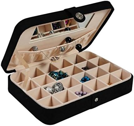 Black Plush Jewelry Organizer Storage Box with 24 Compartments &amp; Mirror For Teen Girls