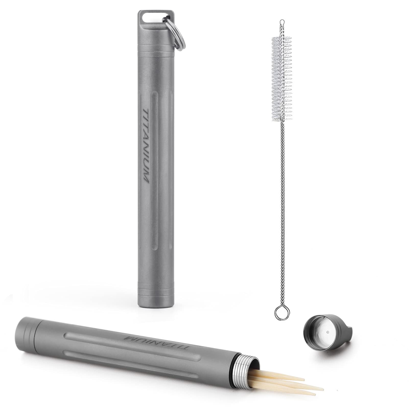 TISUR Titanium Toothpick Holder Portable Waterproof Metal Toothpicks Holder-with Small Key Ring & Mini Tooth Pick Holder Cleaning Brush(Grey)