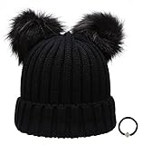 Women's Winter Chunky Knit Double Pom Pom Beanie Hat With MIRMARU Hair Tie.(Black)