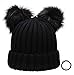 Women's Winter Chunky Knit Double Pom Pom Beanie Hat With MIRMARU Hair Tie.(Black)