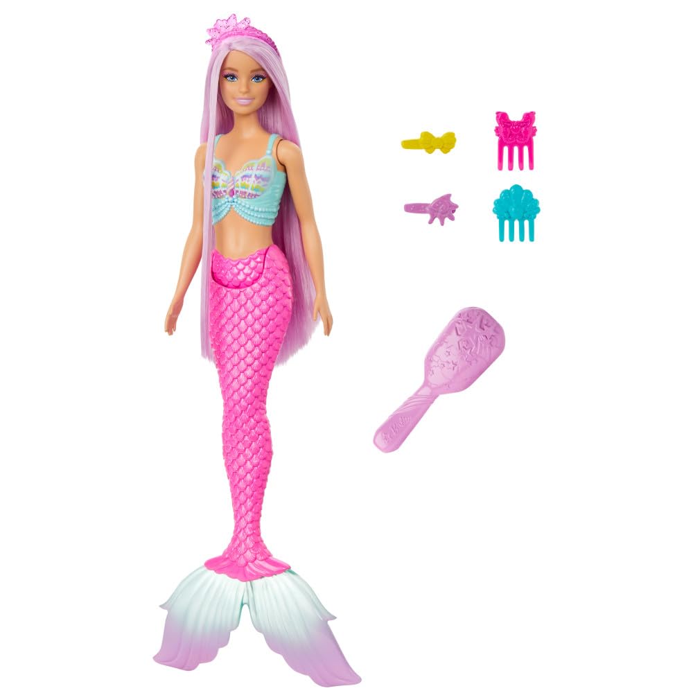 Barbie Mermaid Doll with 7-Inch-Long Pink Fantasy Hair and Colorful Accessories for Styling Play like Headband and Barrettes, HRR00