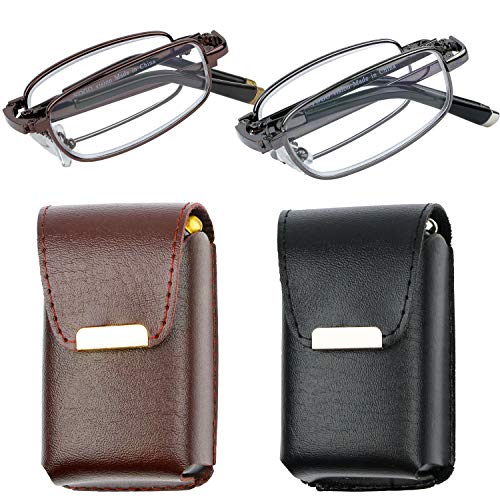 Reading Glasses Set of 2 Fashion Folding Readers with Leather Cases Brown and Gunmetal Glasses for Reading for Men and Women +3.5