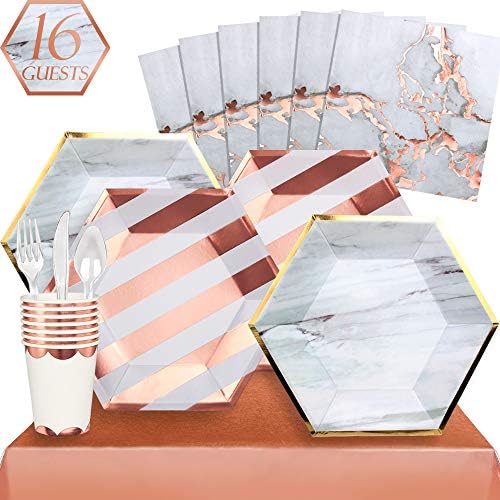 Partybus Party Supplies Set - Serves 16, 118 Ct, Rose and Gold Marble Theme Party Disposable Tableware Kit for Men Women Adults Birthday Decorations, Includes Dinner Plates, Dessert Plates, Napkins, Cups, Table Cloth, Silverware