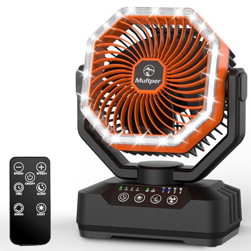 Camping Fan with LED Light, 20000mAh Rechargeable Automatic Vibration Fans for Outdoor Camping Tent with Remote, 4 Speed USB Desk Fan for Fishing, Picnic