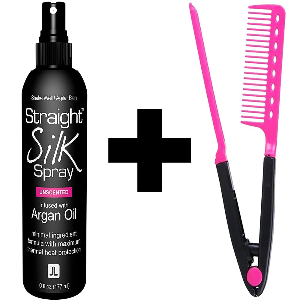 Silk Press Kit - Straight Silk Spray with Moroccan Argan Oil Heat Protector with Hair Straightener & Detangler Comb | Alcohol-Free | Heat Protectant up to 450°F | Flat-Ironing Blow-Drying | Unscented
