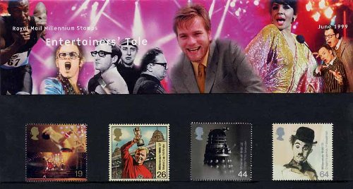 Entertainers Tales - Presentation Pack :: 19p stamp – Freddie Mercury / Queen :: 26p stamp – Bobby Moore / World Cup 1966 :: 44p stamp – Dr Who - Dalek :: 64p stamp – Charlie Chaplin