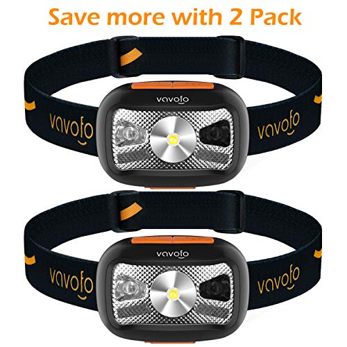 VAVOFO 2 Pack LED Rechargeable Headlamp Flashlight, Motion Sensor and Redlight Headlight for Adults and Kids Running Camping Reading Working, Lightweight, Waterproof, Adjustable Headband