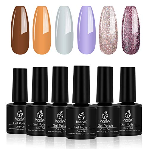 Beetles Gel Nail Polish Set, Purple Glitter Gel Polish Yellow Gray Brown Soak Off UV LED Gel Nail Kit, 7.3ml Each Bottle