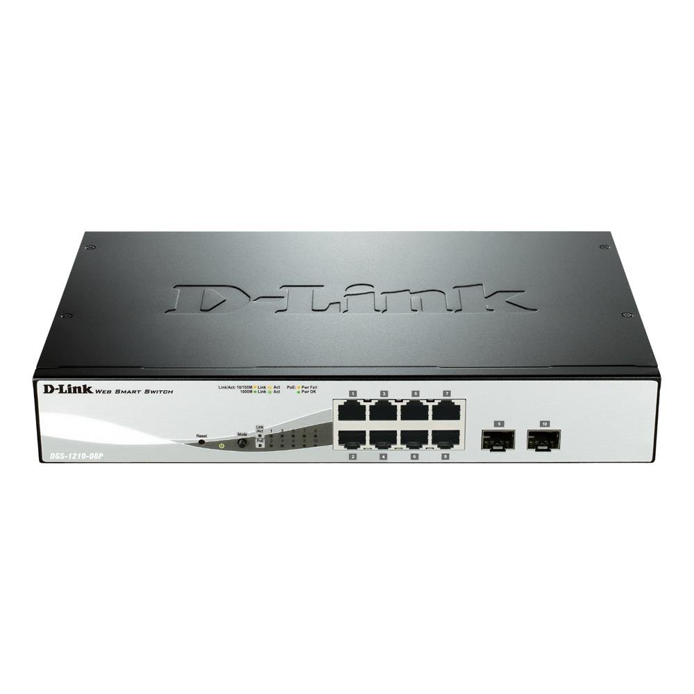 D-Link DGS-1210-08P 8-Port Gigabit PoE Smart Managed Switch with 2 SFP ports (8 x PoE ports) 8 x 1000Base-T, 802.3af/802.3at PoE, 65 W Power Budget, Fanless , Black — image 1