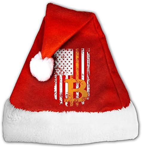 Santa Hat Christmas Hat Velvet Santa Hat Festive Holiday Hat For Adults Kids - US Flag Bitcoin Logo