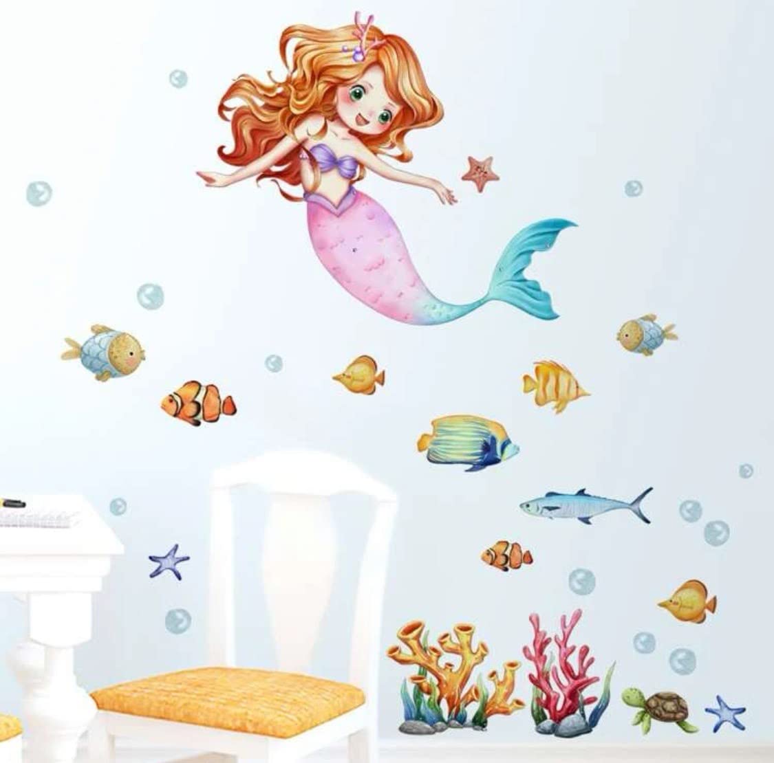 Pink Cute Mermaid with Starfish Watercolor Cartoon Wall Stickers for Girl Room Baby Nursery Wall Decals Kids Bedroom Decorative