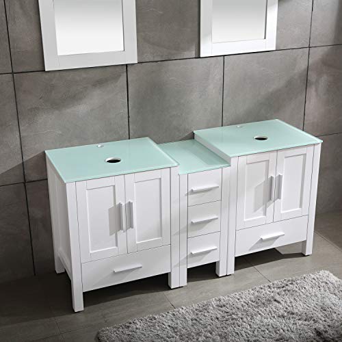 60" Bathroom Vanity Cabinet with Double Sink Combo Glass Top White MDF Wood w/Mirror Faucet Drain Set