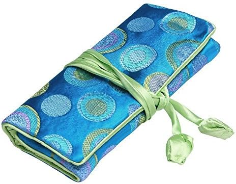Travel Jewelry Case,Blue Polka Dot Silk Embroidery Brocade Jewelry Roll Bag,Travel Smart Jewelry Organizer Pouch with Tie Close